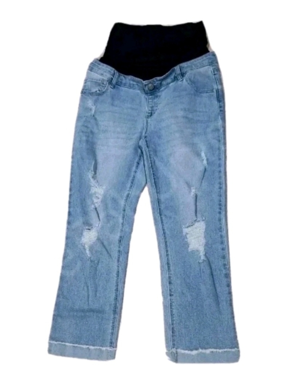 Time & Tru Boyfriend Maternity Cuffed Jeans Comfort Belly Band Large Light Wash
